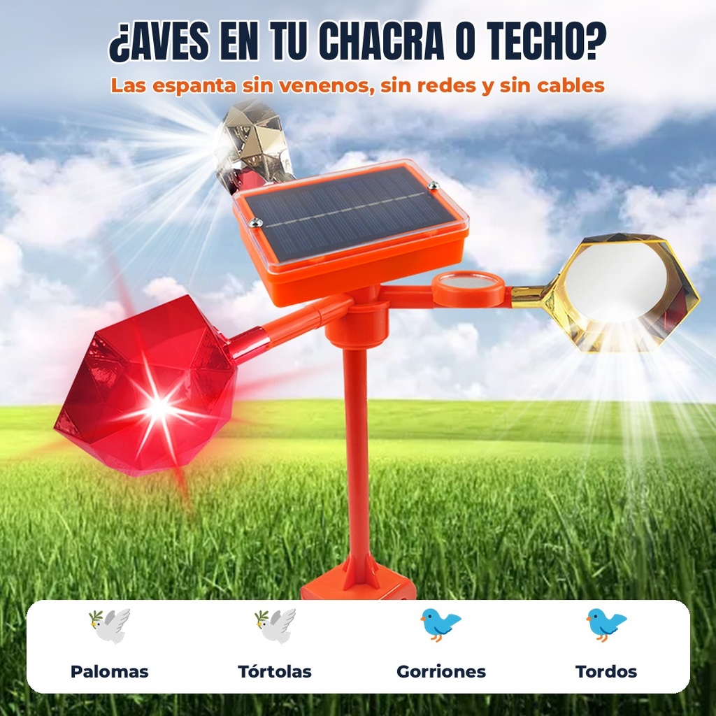 AHUYENTADOR DE AVES GIRATORIO A COLORES, SOLAR Y CON VIENTO,  80 SONIDOS |MYPT-03|  