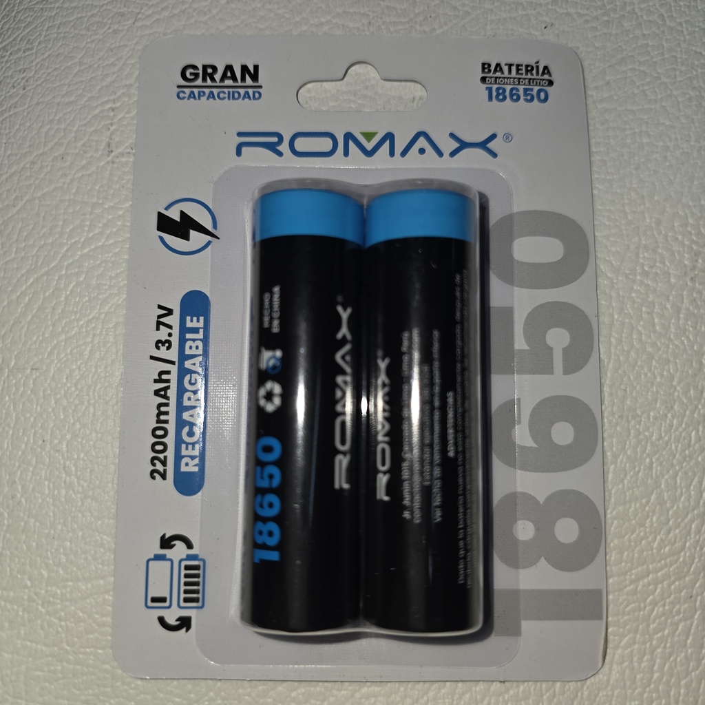 BATERIA RECARGABLE DE LITIO 18650 2200mAh 3.7V ROMAX BL/2