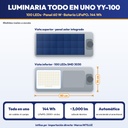 LUMINARIA SOLAR TODO EN UNO PARA ALUMBRADO PUBLICO 100 LEDS, PANEL 60W, BATERIA LIFEPO4 45Ah |JW-YY-100|
