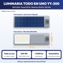 LUMINARIA SOLAR TODO EN UNO PARA ALUMBRADO PUBLICO 300 LEDS, PANEL 120W, BATERIA LIFEPO4 75Ah |JW-YY-300|
