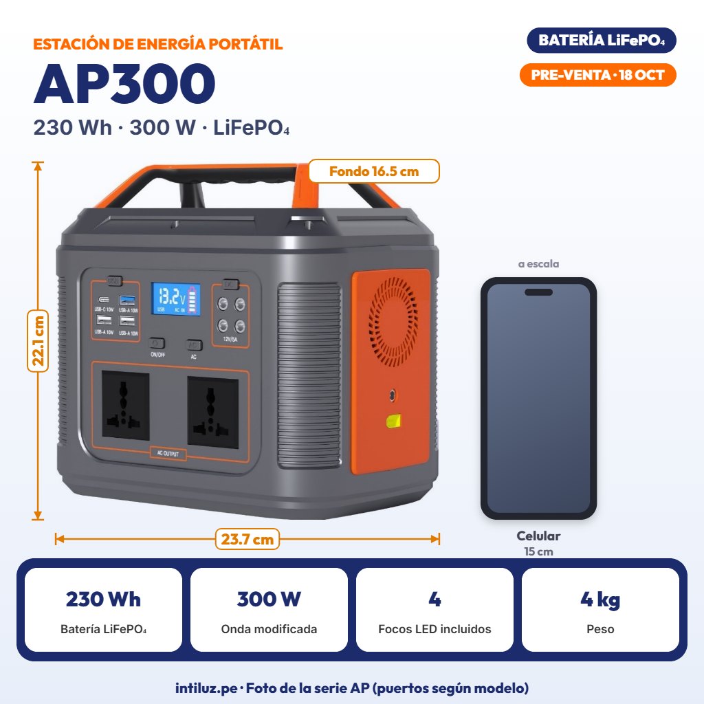 ESTACION DE ENERGIA PORTATIL 300W 230Wh BATERIA LIFEPO4 12.8V 18Ah (AP300) |SL-AP300|