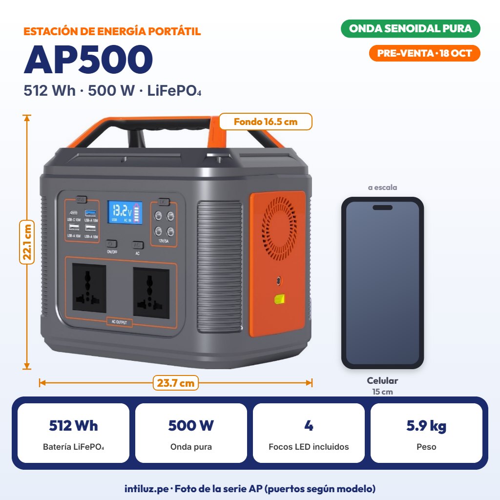 ESTACION DE ENERGIA PORTATIL 500W 512Wh BATERIA LIFEPO4 12.8V 42Ah ONDA PURA |SL-AP500|