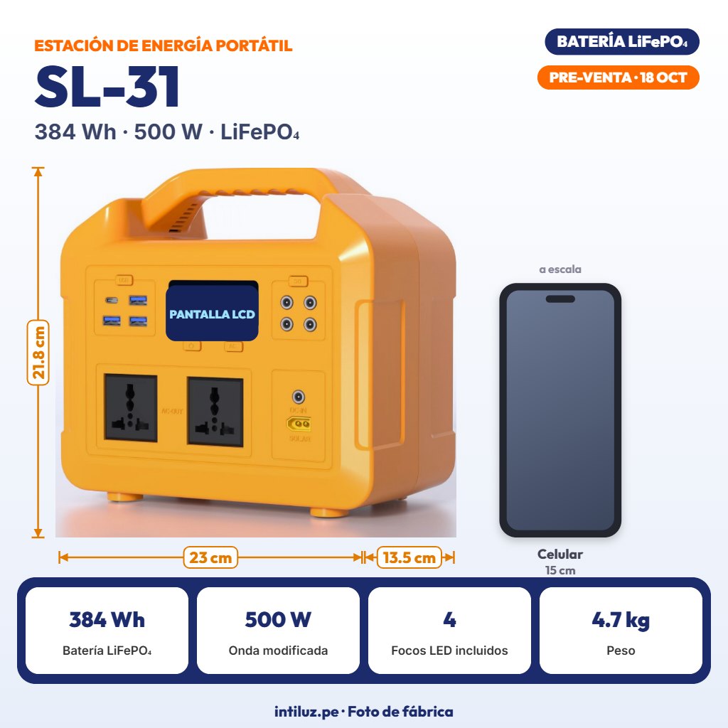 ESTACION DE ENERGIA PORTATIL 500W 384Wh BATERIA LIFEPO4 12.8V 30Ah |SL-31|