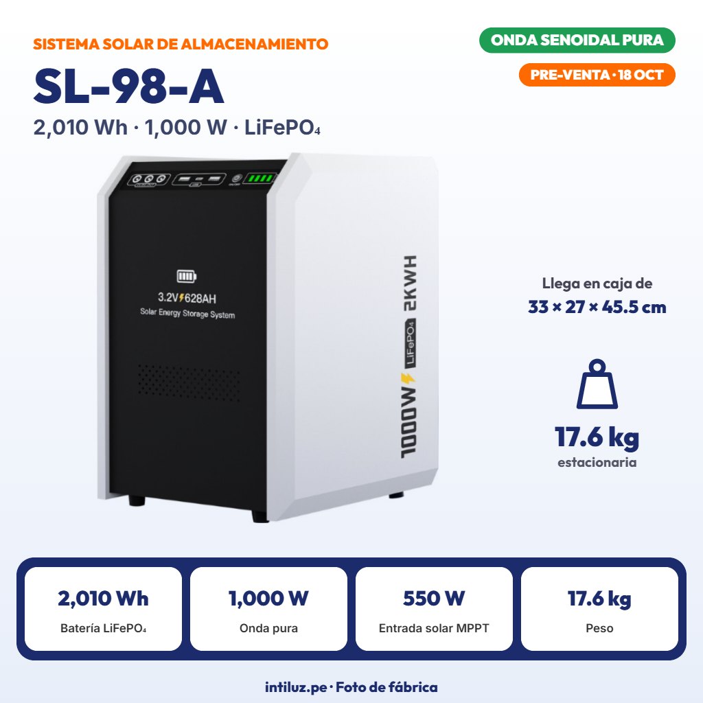 SISTEMA SOLAR DE ALMACENAMIENTO DE ENERGIA 1000W 2010Wh LIFEPO4 314Ah ONDA PURA |SL-98-A|