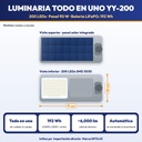LUMINARIA SOLAR TODO EN UNO PARA ALUMBRADO PUBLICO 200 LEDS, PANEL 90W, BATERIA LIFEPO4 60Ah |JW-YY-200|