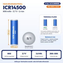 PILA RECARGABLE PKCELL 14500 LI-ION 3.7V 800mAh REALES, PUNTA PLANA |PK-ICR14500-800|
