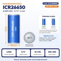 PILA RECARGABLE PKCELL 26650 LI-ION 3.7V 4500mAh REALES, PUNTA PLANA |PK-ICR26650-4500|